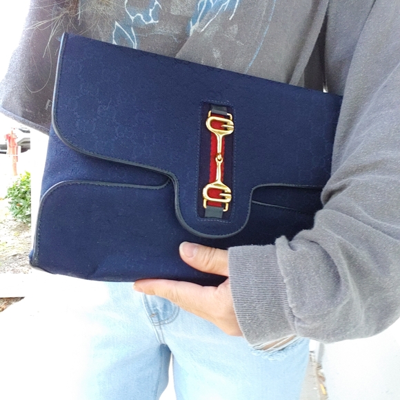Authentic Vintage Gucci GG Monogram Supreme Sherry Web Horsebit Clutch Shoulder - Picture 2 of 11